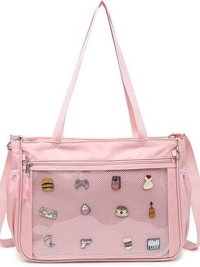 RAINBOW SMILE Tote Ita Bag with Pin Display Pocket bag Nylon PINK